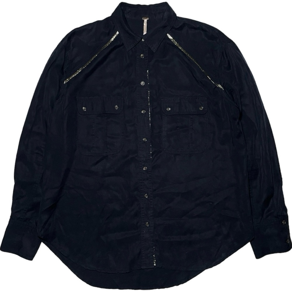 FREE PEOPLE Shirt Women Small Button Up Black Gold Accents Relaxed Long Sleeve